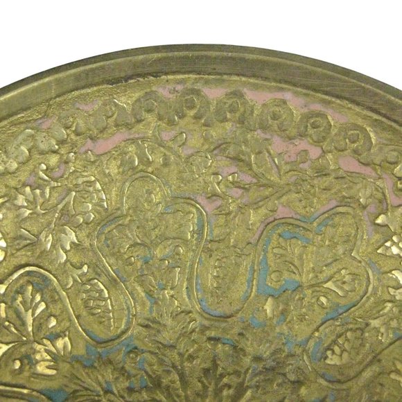 Etched Brass Bowl Chinoiserie Round Footed Decor Trinket 3 7/8 inches Enamel - Picture 1 of 6